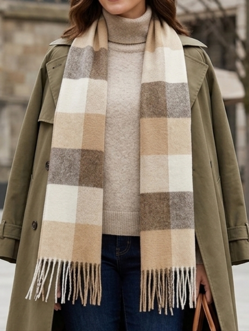 Simply Natural Designs 100% Baby Alpaca Scarf - Neutral Plaid - 58" X 12" - Soft